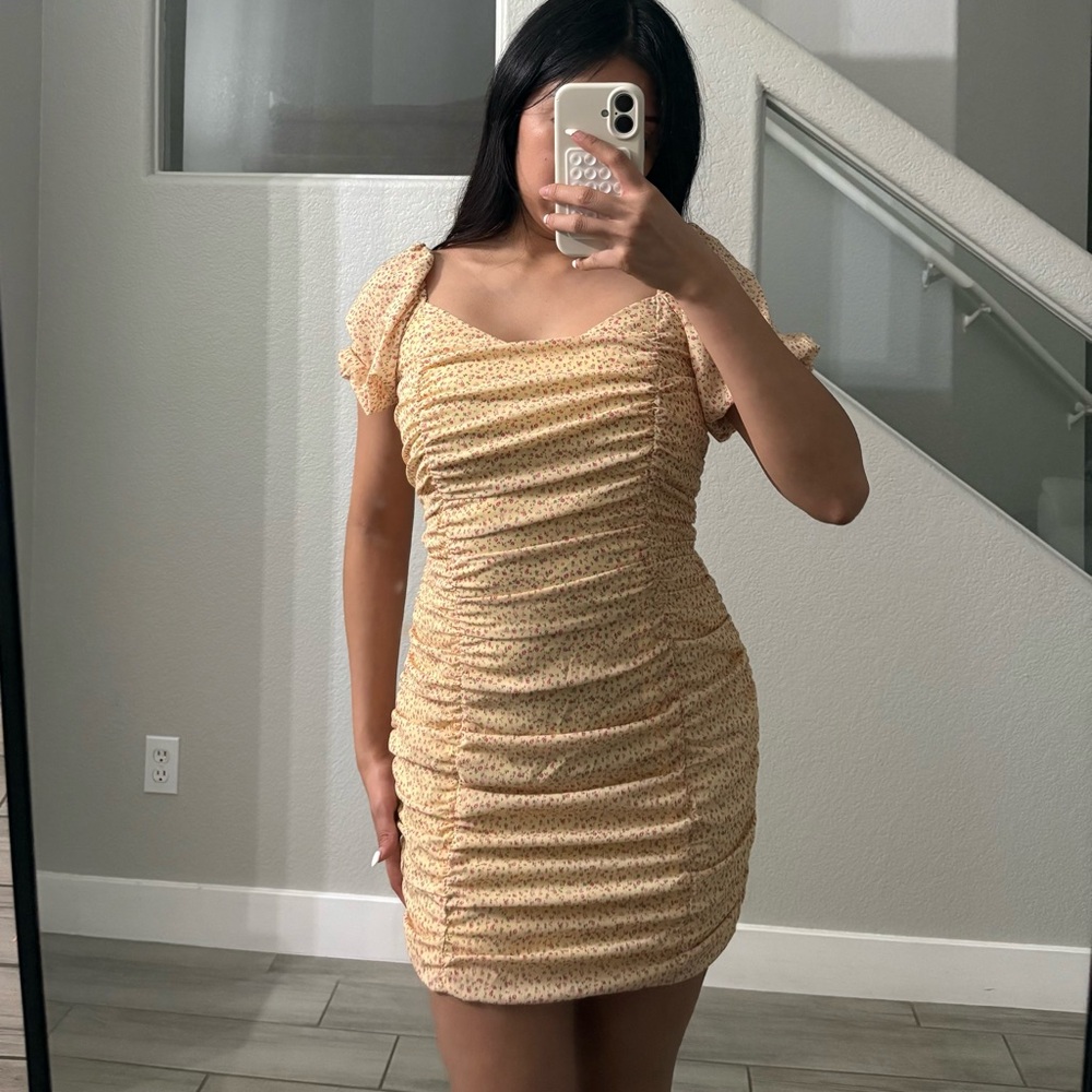 SHEIN Yellow Ruched Mini Dress